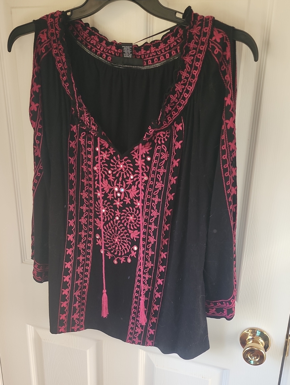 INC International Concepts Black Top with Pink Embroidered Detail
